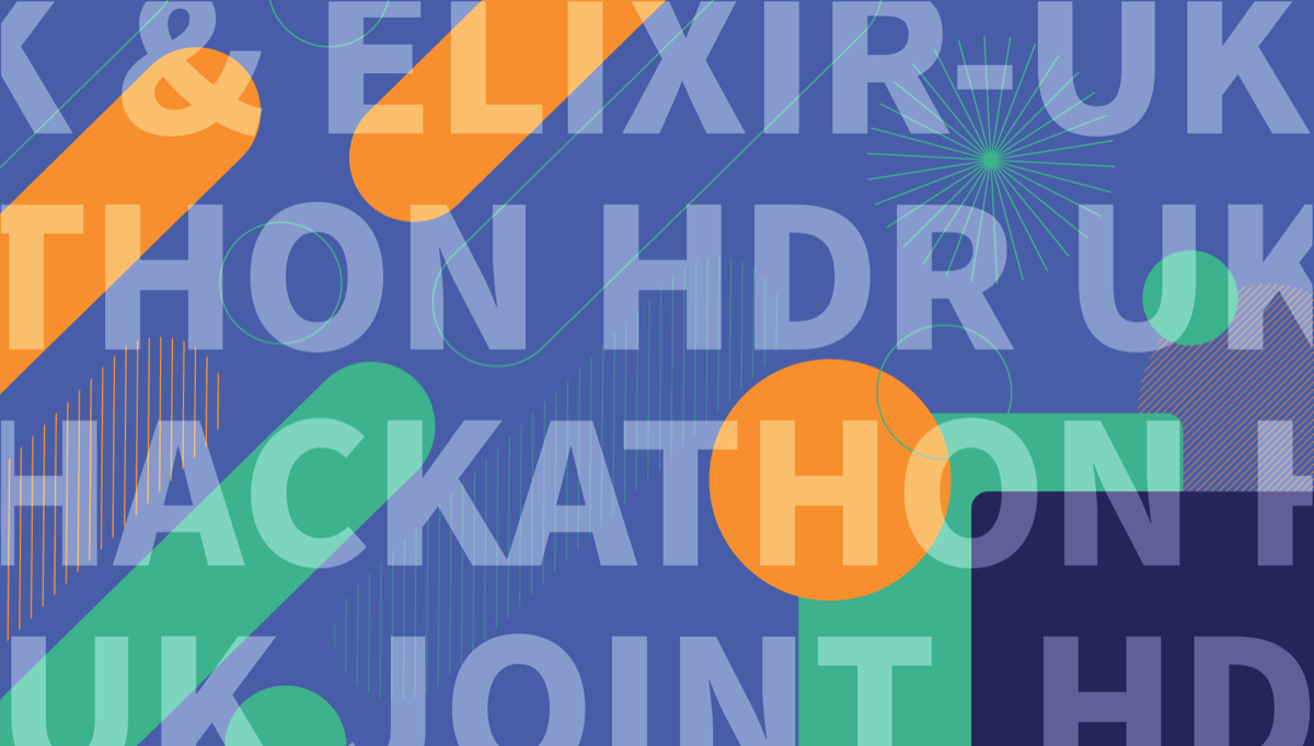 Wide landscape version of the Joint Hackathon branding in HDR UK's blue, orange and green palette, reusing the same shapes and typography as the square graphic.