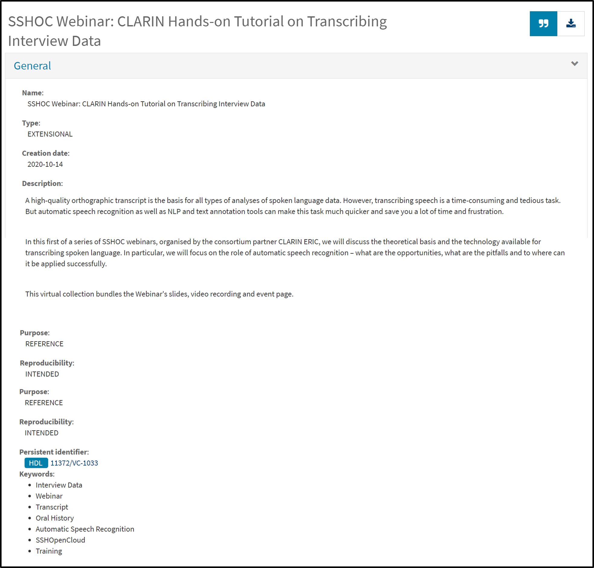 Screenshot of CLARIN metadata from workshop tutorial SSHOC