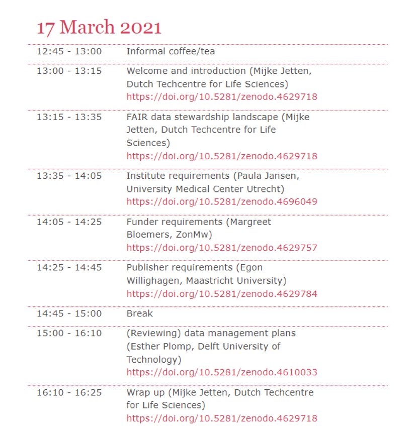 Screenshot DTL data stewardship course DOIs view