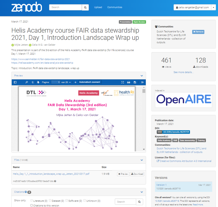 Screenshot Zenodo page for day 1 course from DTL