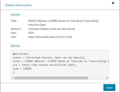 Screenshot 'zoom'  of CLARIN metadata from workshop tutorial SSHOC, and citation