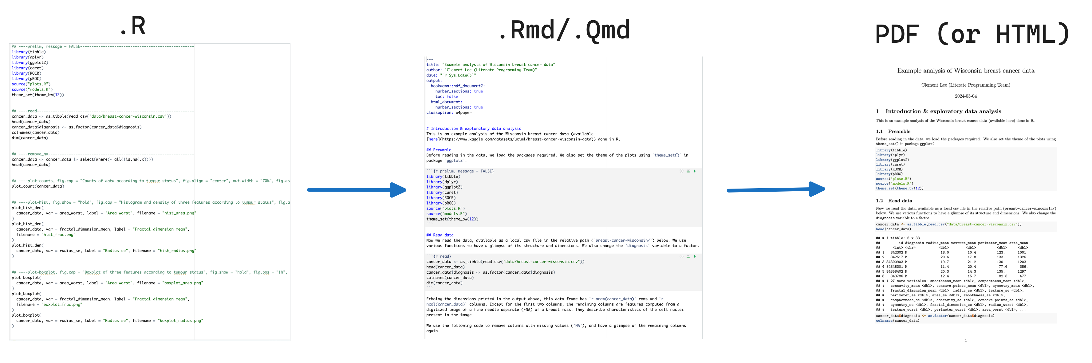 Image showing path from .R to .Rmd to .pdf