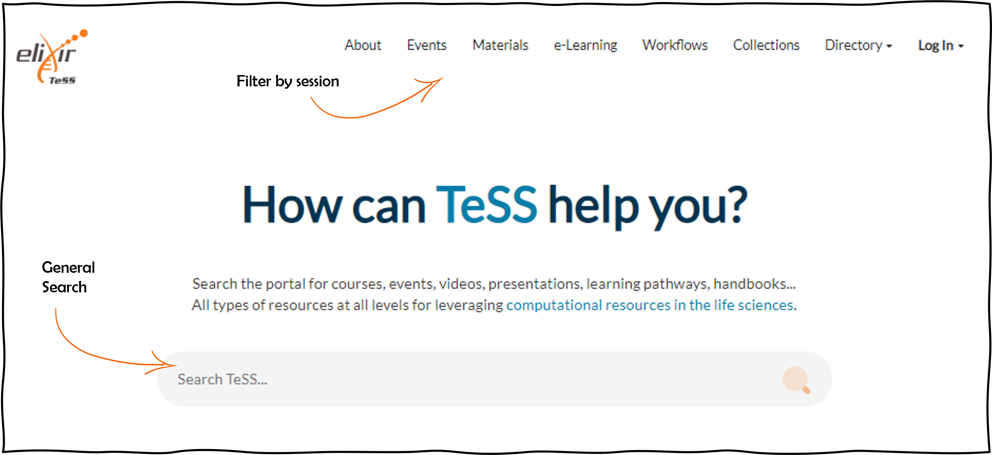 screenshot for TeSS page with search box