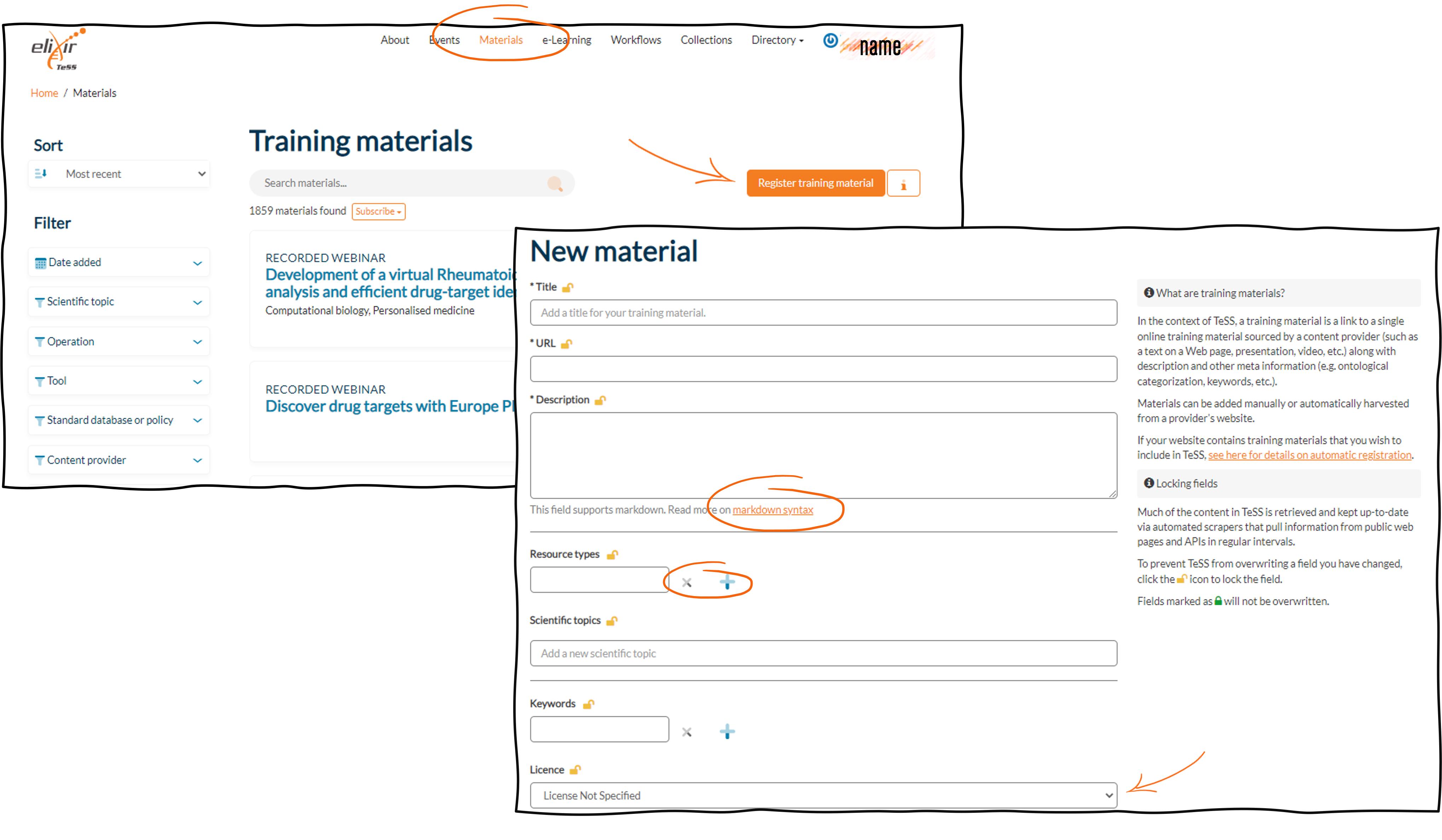 screenshot about registering training material in TeSS