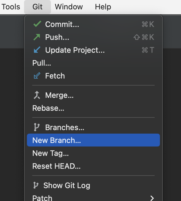 PyCharm New branch